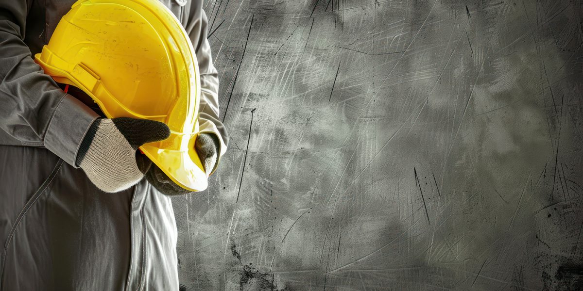 A worker holding a yellow helmet and emphasizing safety and protection on a construction site